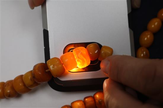 A single strand amber bead necklace, gross 72 grams, 48cm.